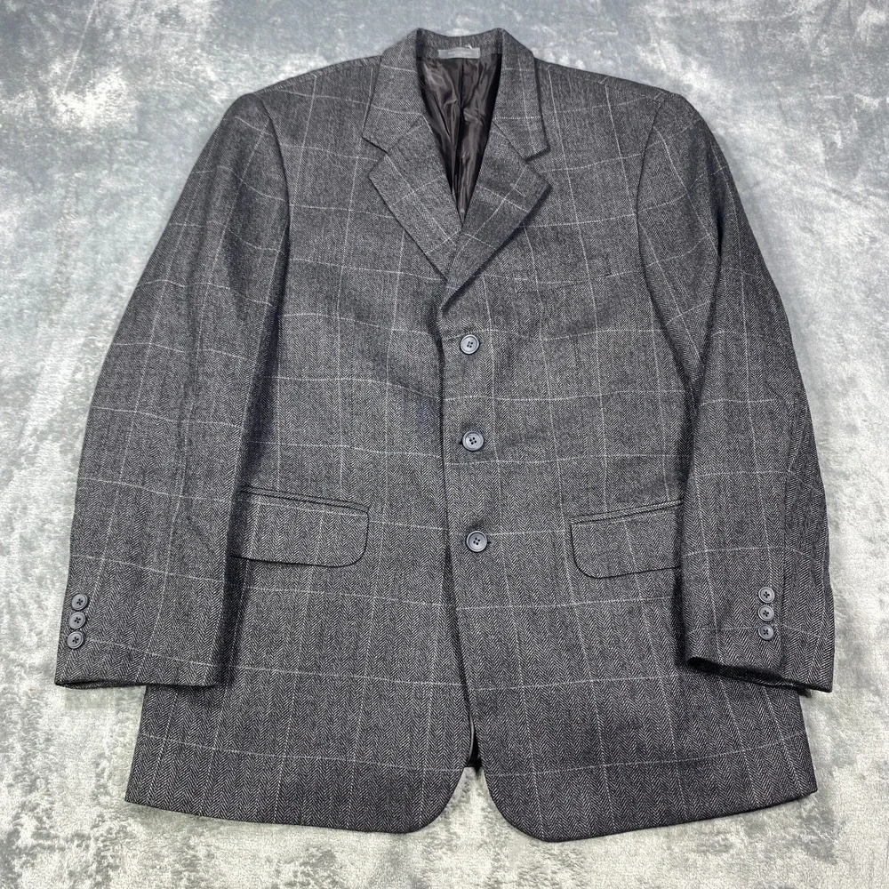 Oleg Cassini Blazer Mens 42R Gray Windowpane Wool Cashmere Blend Suit Jacket